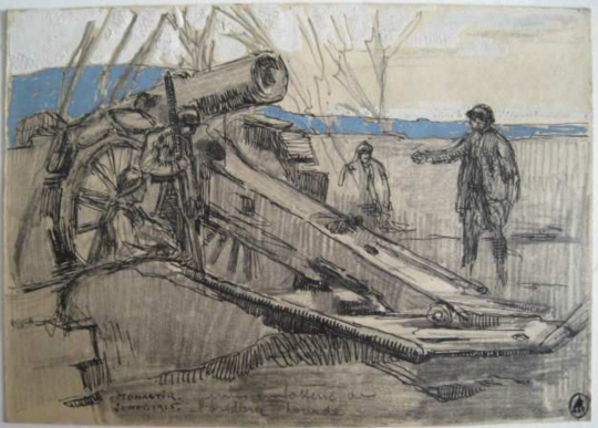 Paul JOUVE (1878-1973) - Mise en batterie de l'artillerie lourde, Monastir, 1916